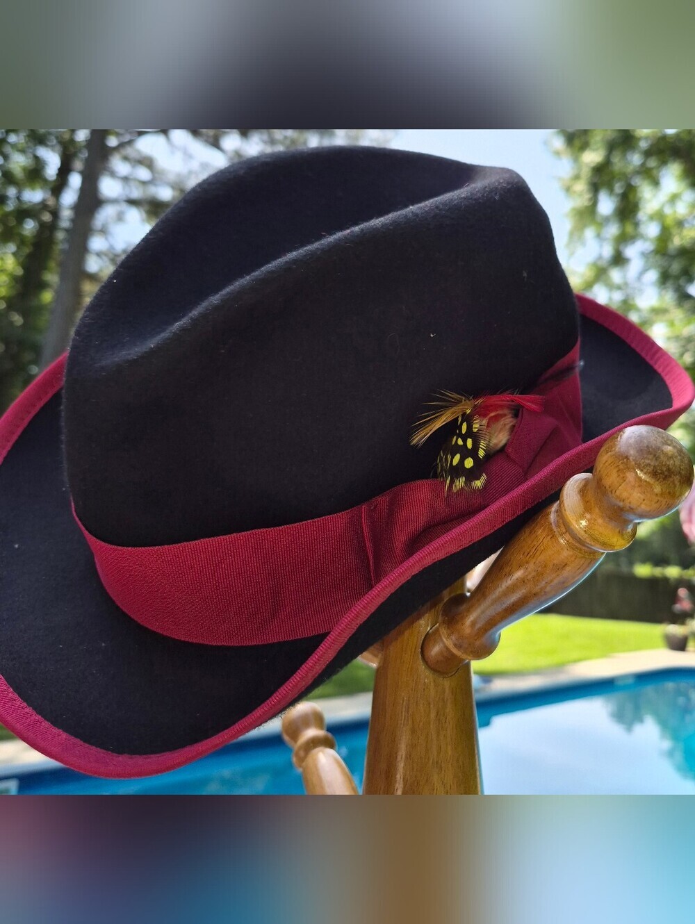 Djre Black Fedora Hat w/ Red Band and Feather Accent,Men's Hat Size LG 100% Wool